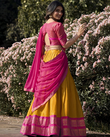Golden Yellow Zari Woven Kanchipuram Silk Lehenga Choli