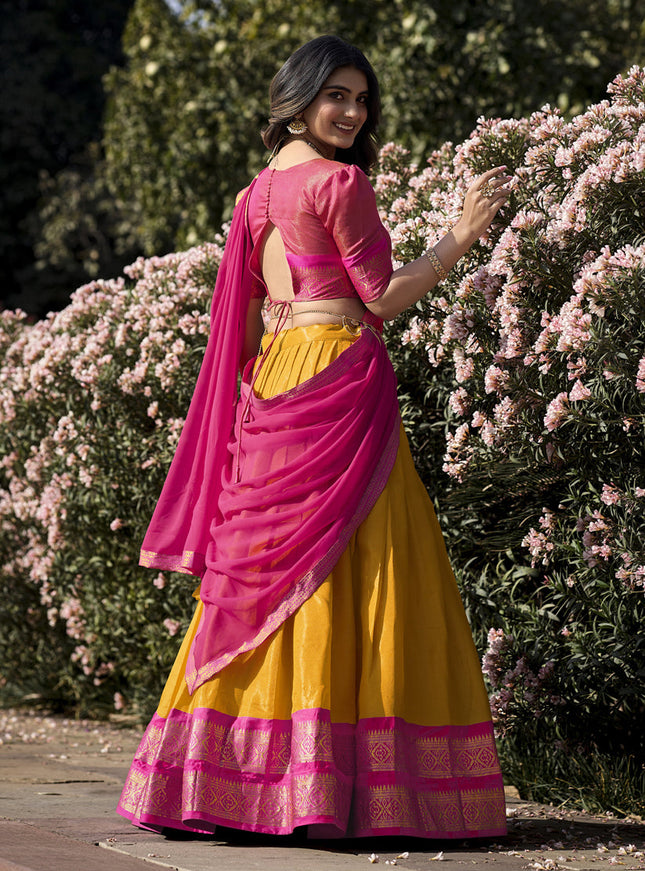 Golden Yellow Zari Woven Kanchipuram Silk Lehenga Choli