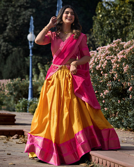 Golden Yellow Zari Woven Kanchipuram Silk Lehenga Choli