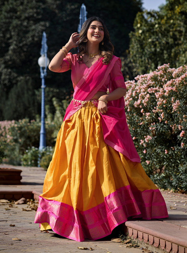 Golden Yellow Zari Woven Kanchipuram Silk Lehenga Choli