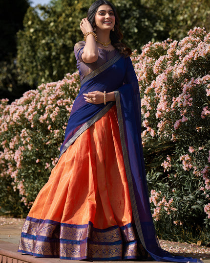 Salmon Orange Zari Woven Kanchipuram Silk Lehenga Choli