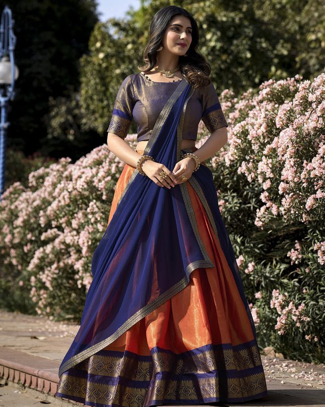 Salmon Orange Zari Woven Kanchipuram Silk Lehenga Choli