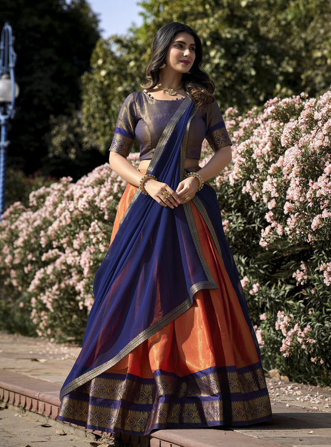Salmon Orange Zari Woven Kanchipuram Silk Lehenga Choli