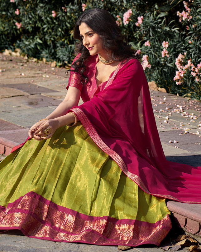 Parrot Green Zari Woven Kanchipuram Silk Lehenga Choli