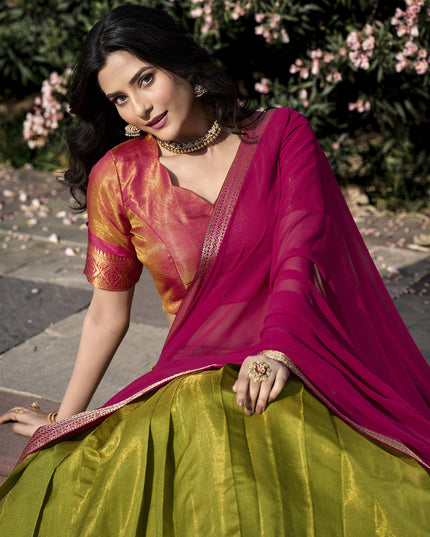 Parrot Green Zari Woven Kanchipuram Silk Lehenga Choli