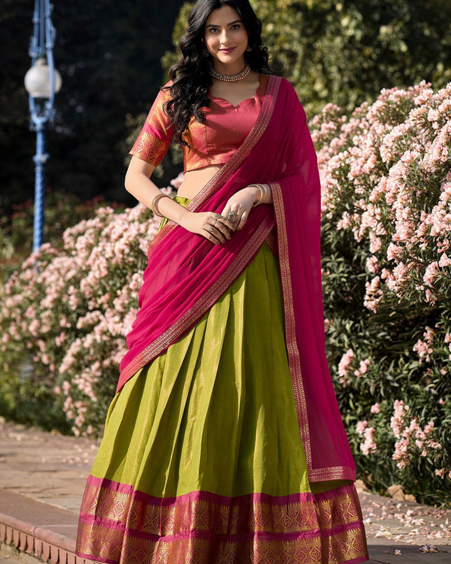 Parrot Green Zari Woven Kanchipuram Silk Lehenga Choli