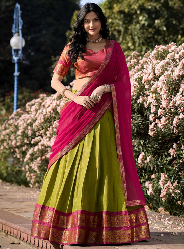 Parrot Green Zari Woven Kanchipuram Silk Lehenga Choli