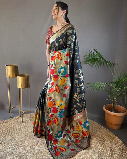 Black Silk Woven Work Saree for Festival