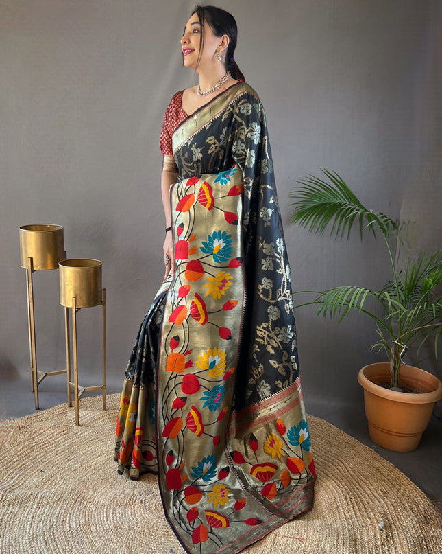 Black Silk Woven Work Saree for Festival