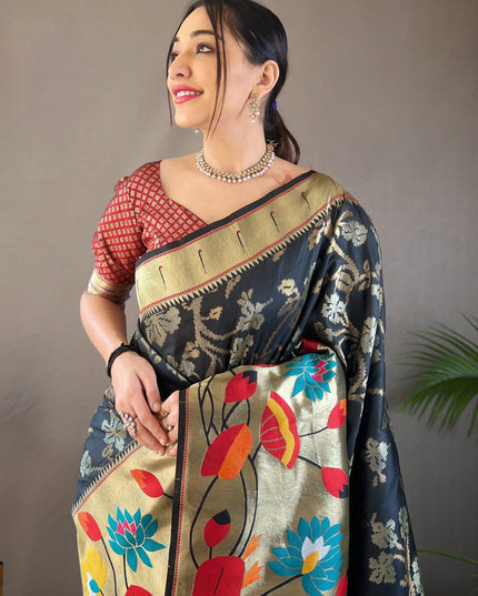 Black Silk Woven Work Saree for Festival