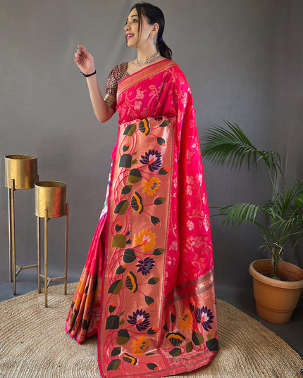 Rani Pink Silk Woven Work Saree for Festival