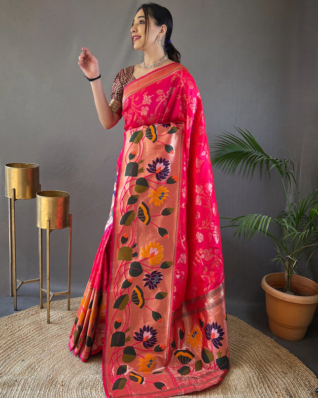 Rani Pink Silk Woven Work Saree for Festival