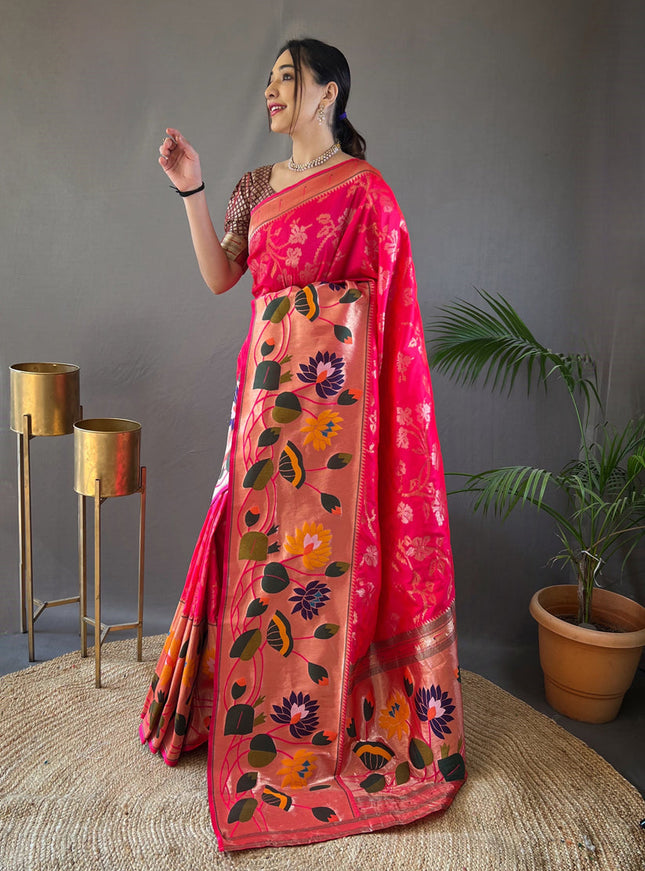 Rani Pink Silk Woven Work Saree for Festival