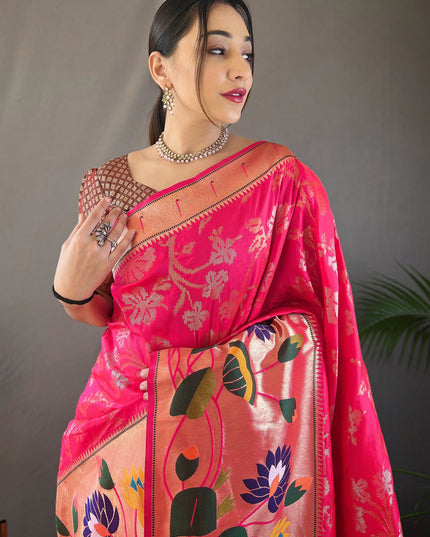 Rani Pink Silk Woven Work Saree for Festival