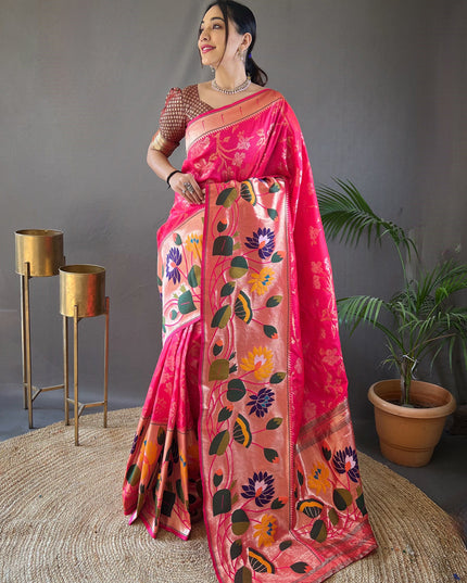 Rani Pink Silk Woven Work Saree for Festival
