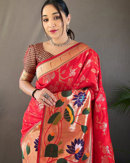 Red Silk Woven Work Saree for Festival