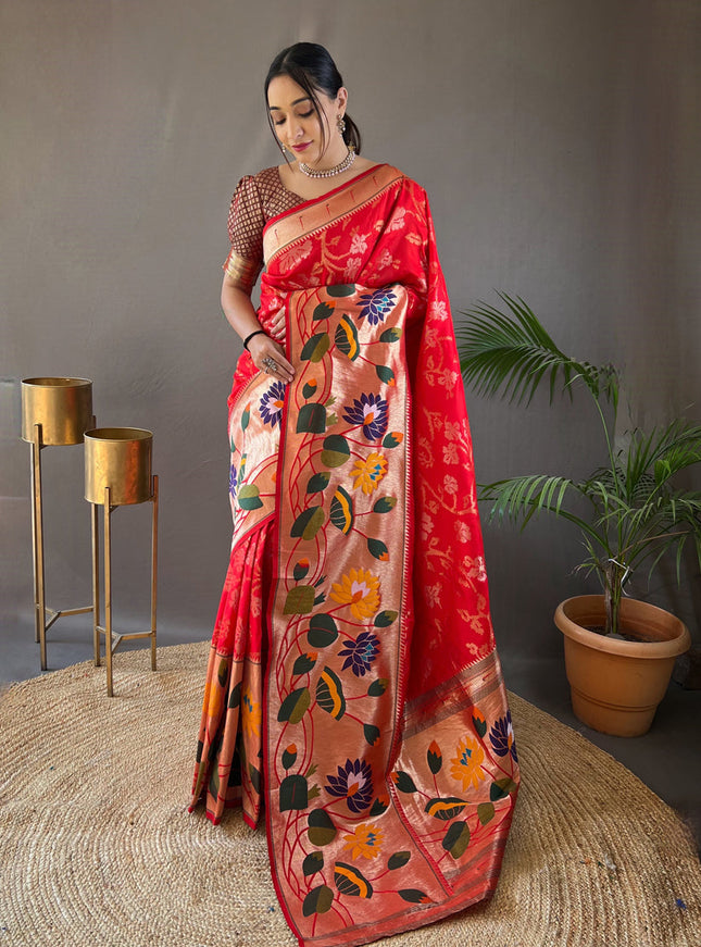 Red Silk Woven Work Saree for Festival