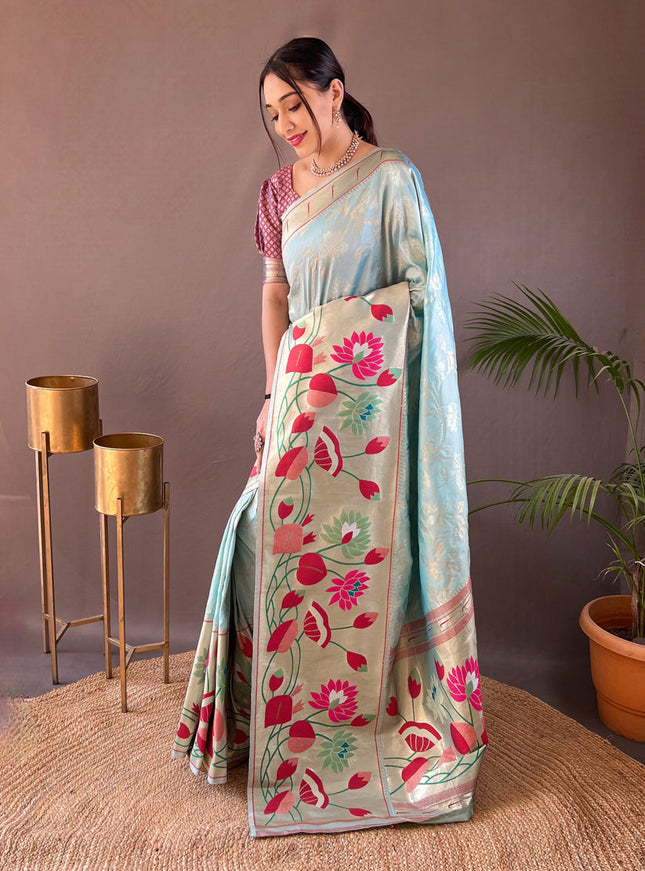 Sky Blue Silk Woven Work Saree for Festival