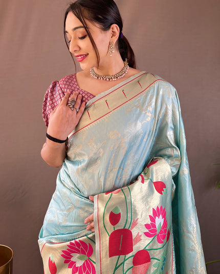 Sky Blue Silk Woven Work Saree for Festival