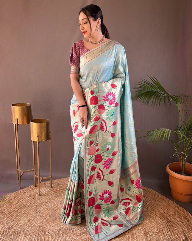 Sky Blue Silk Woven Work Saree for Festival