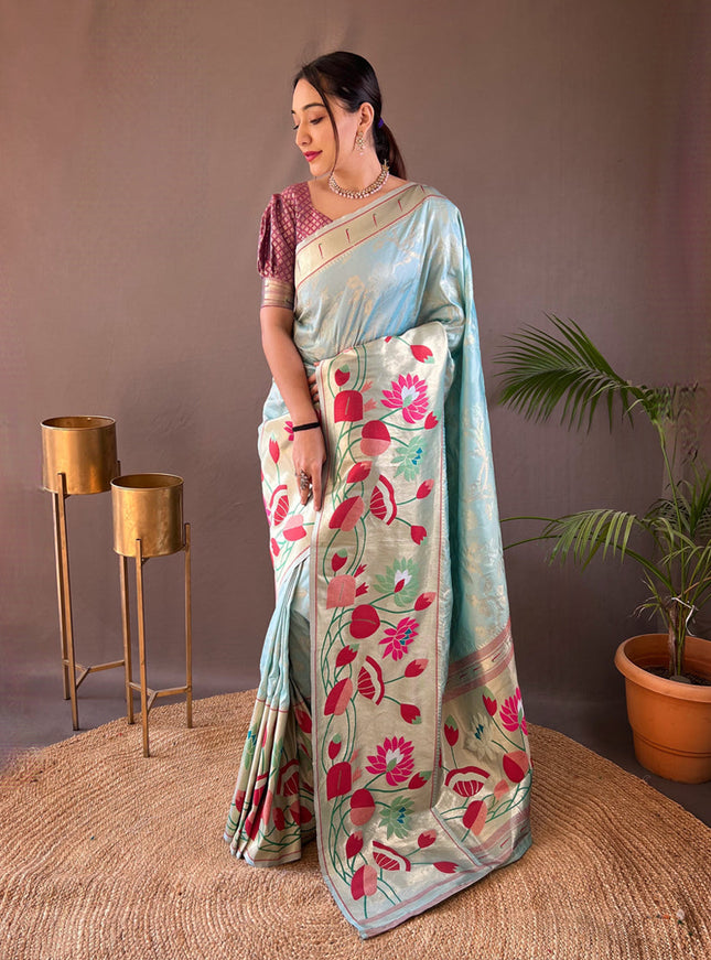 Sky Blue Silk Woven Work Saree for Festival