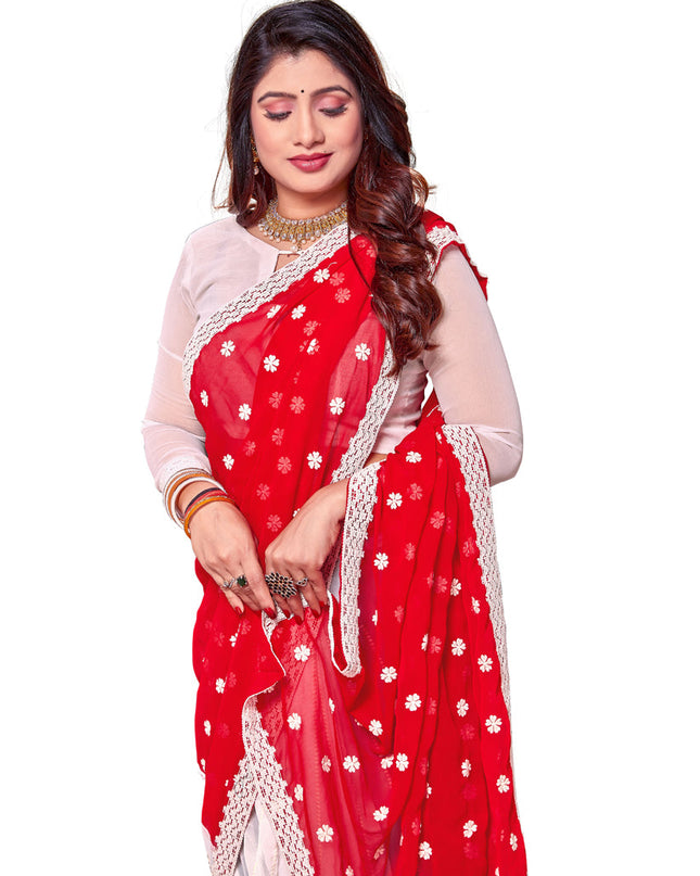 White and Red Georgette Embroidered Saree