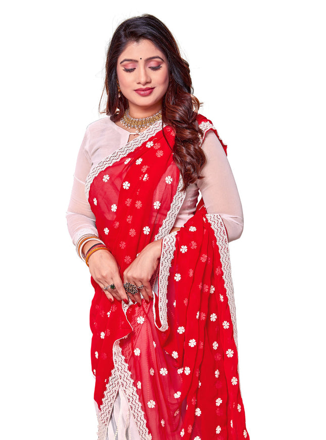 White and Red Georgette Embroidered Saree