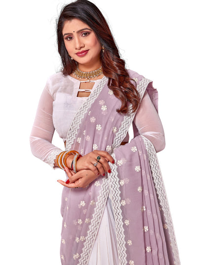 White and Lavender Georgette Embroidered Saree