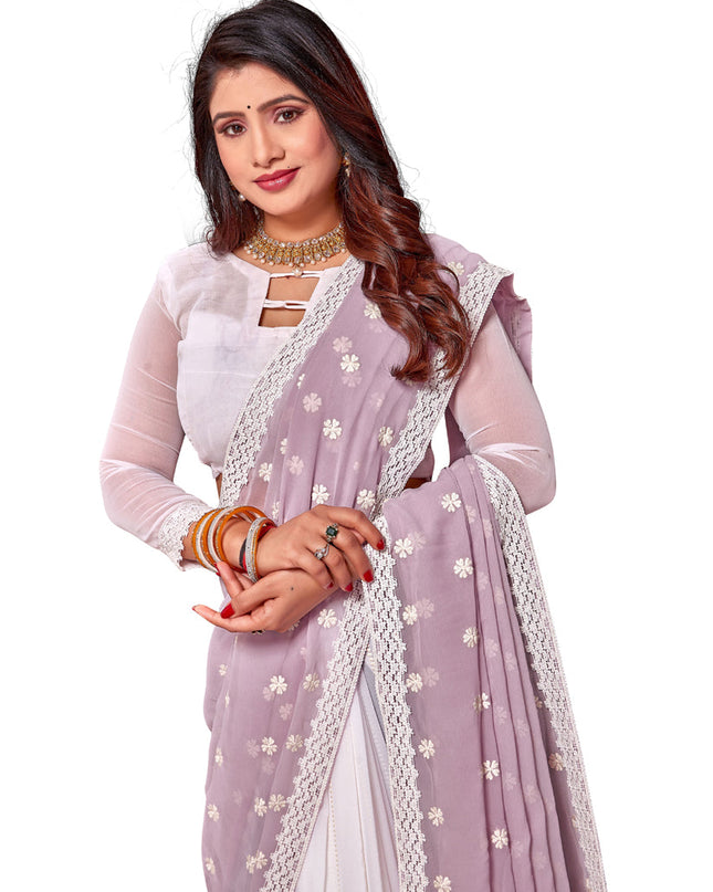 White and Lavender Georgette Embroidered Saree