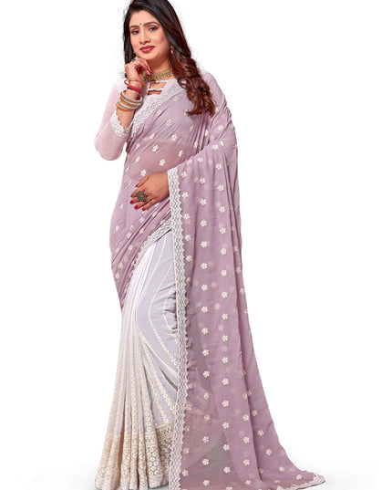 White and Lavender Georgette Embroidered Saree
