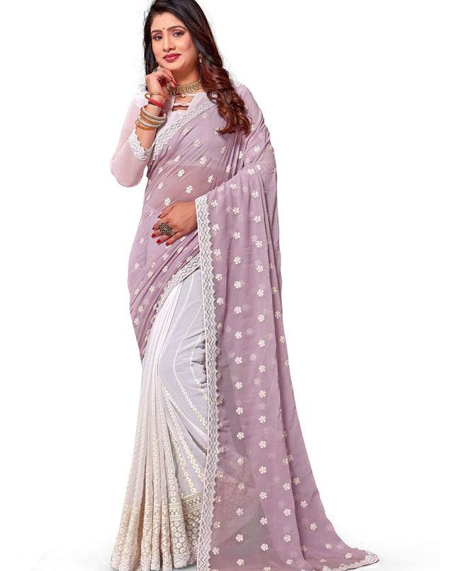 White and Lavender Georgette Embroidered Saree