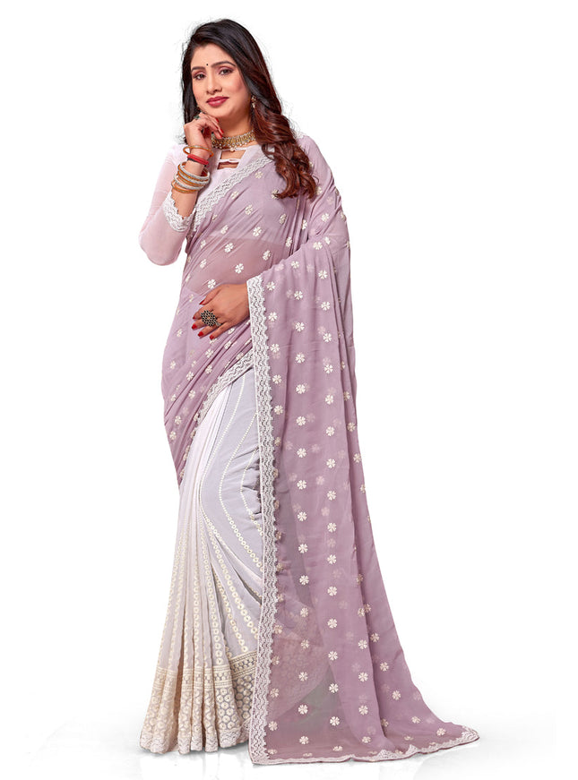 White and Lavender Georgette Embroidered Saree