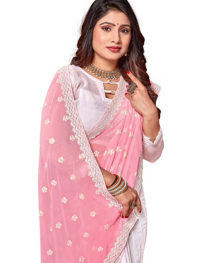 White and Pink Georgette Embroidered Saree