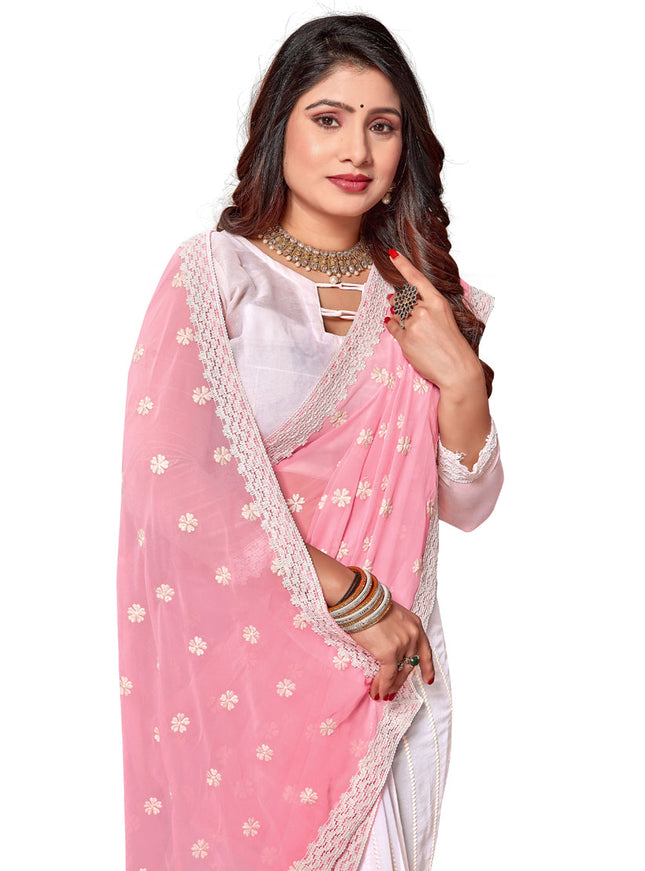 White and Pink Georgette Embroidered Saree