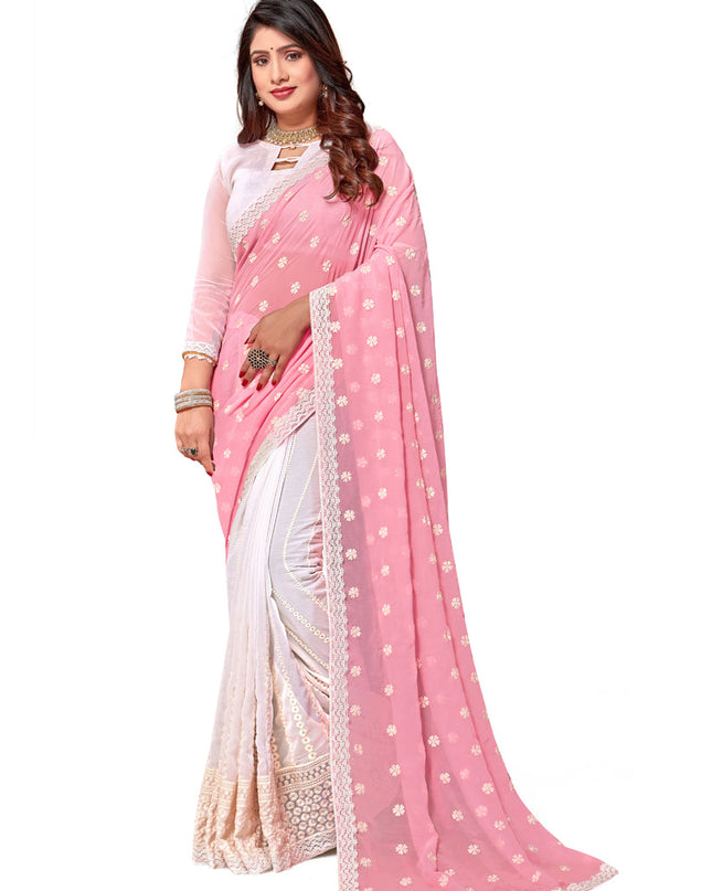 White and Pink Georgette Embroidered Saree
