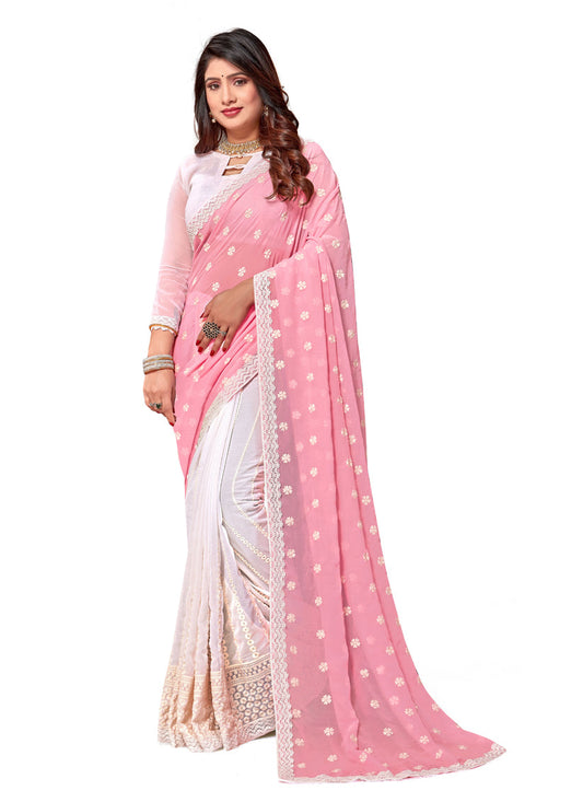 White and Pink Georgette Embroidered Saree