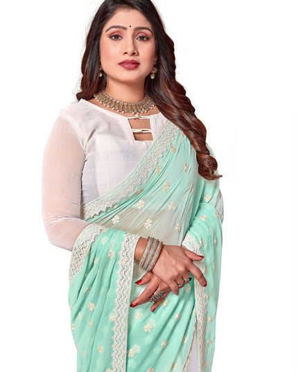 White and Sky Blue Georgette Embroidered Saree