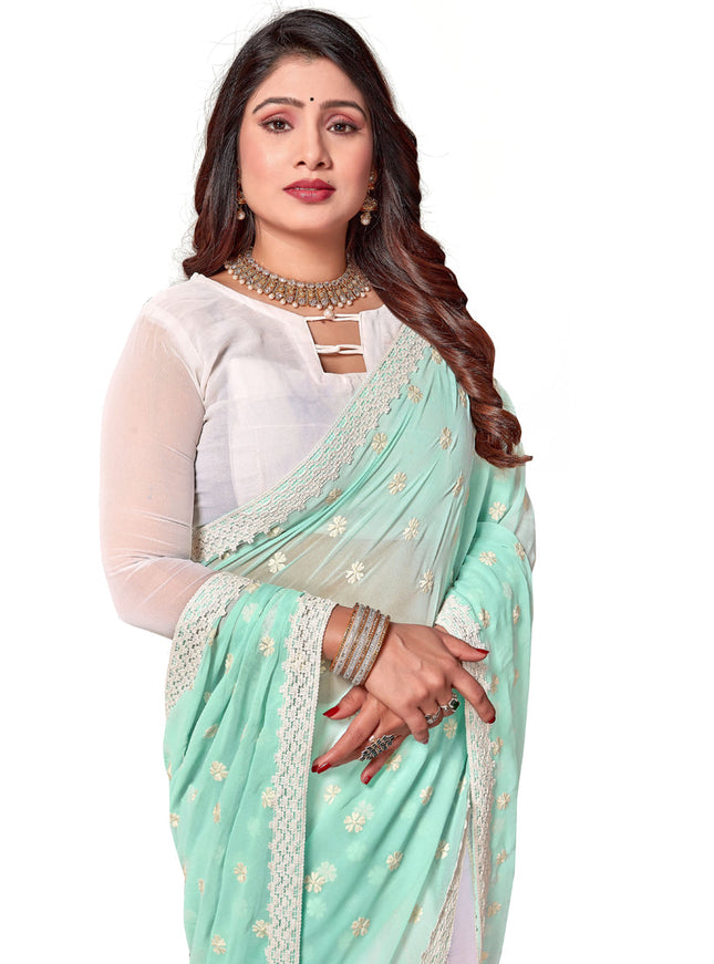 White and Sky Blue Georgette Embroidered Saree