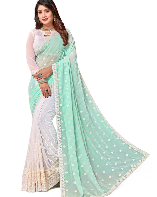 White and Sky Blue Georgette Embroidered Saree