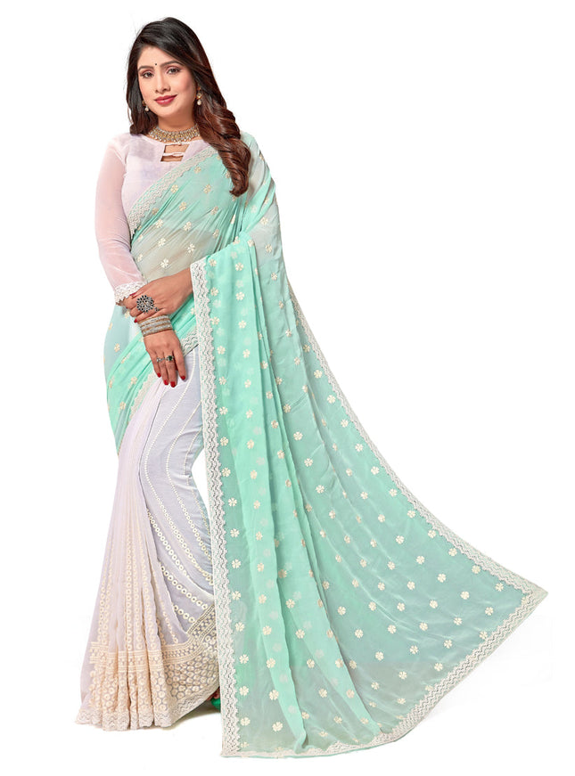 White and Sky Blue Georgette Embroidered Saree