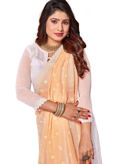 White and Yellow Georgette Embroidered Saree