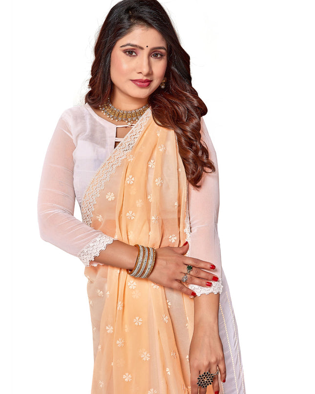 White and Yellow Georgette Embroidered Saree