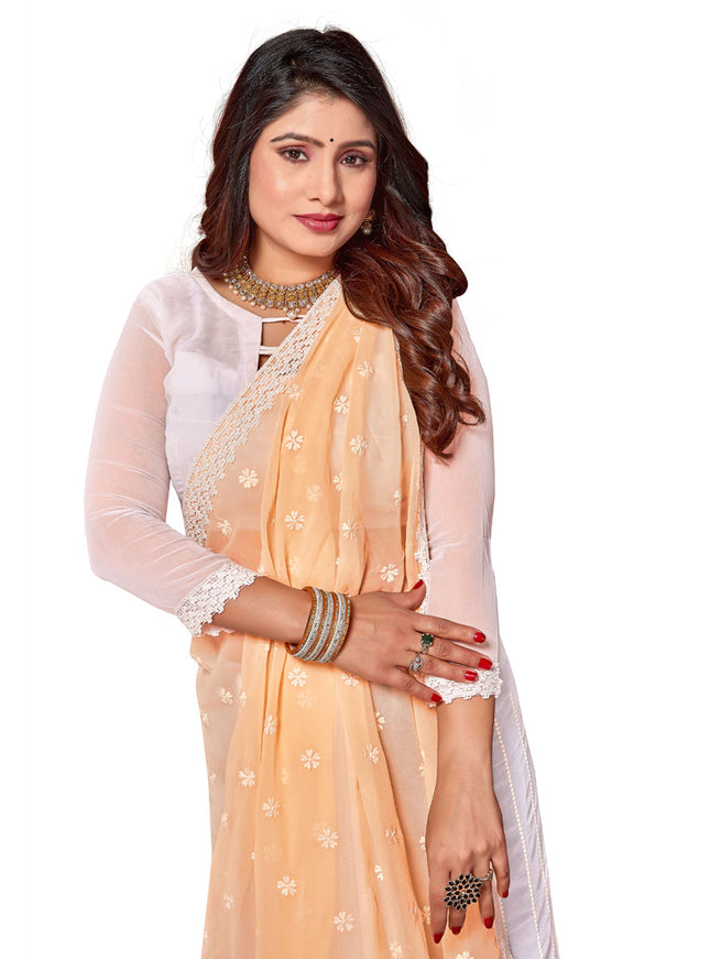 White and Yellow Georgette Embroidered Saree