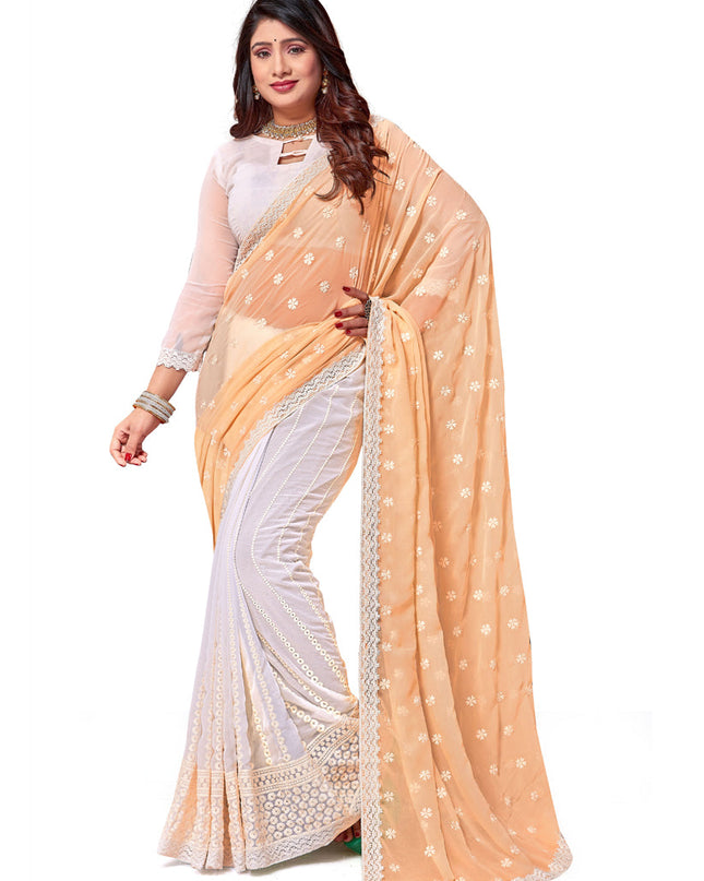 White and Yellow Georgette Embroidered Saree
