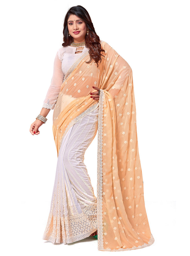 White and Yellow Georgette Embroidered Saree