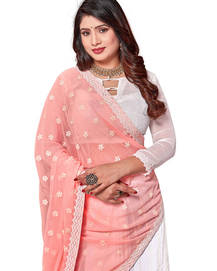 White and Peach Georgette Embroidered Saree