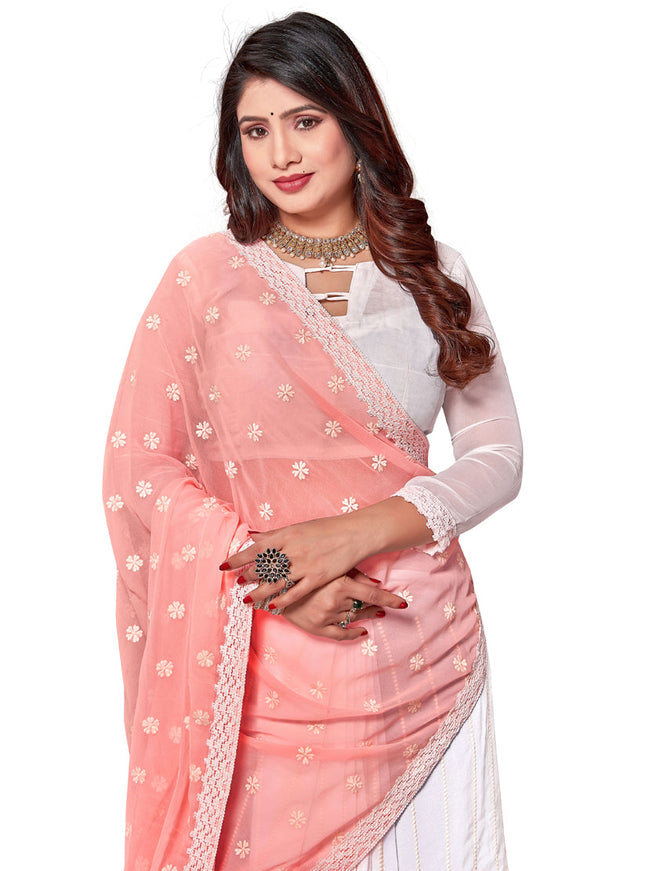 White and Peach Georgette Embroidered Saree