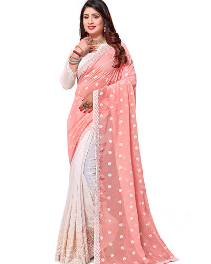 White and Peach Georgette Embroidered Saree