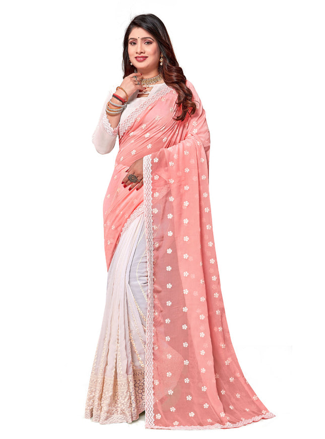 White and Peach Georgette Embroidered Saree