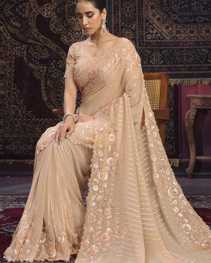 Peach Georgette Sequins Work Wedding Saree